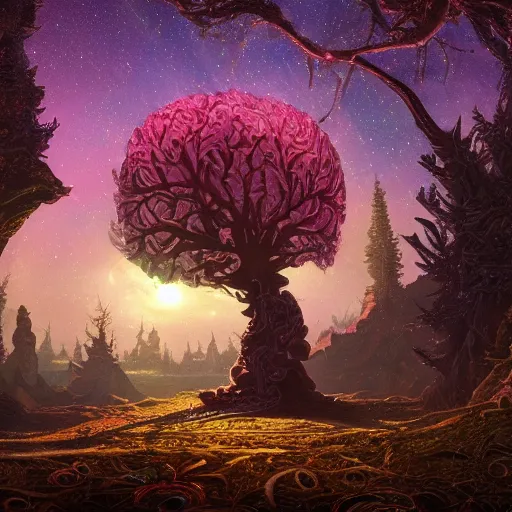 Image similar to matte painting of a beautiful tree with a shining cristals in its center and opulent crystals! at it's base set in an alien landscape, by Pail Lehr and Dan Mumford and Dan Hillier, octane rendered, 8k resolution,