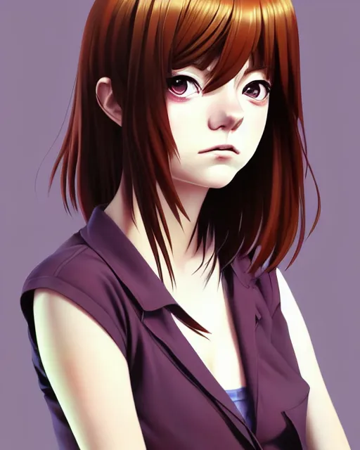 Image similar to portrait Anime as Emma Stone girl cute-fine-face, brown-red-hair pretty face, realistic shaded Perfect face, fine details. Anime. realistic shaded lighting by Ilya Kuvshinov katsuhiro otomo ghost-in-the-shell, magali villeneuve, artgerm, rutkowski, WLOP Jeremy Lipkin and Giuseppe Dangelico Pino and Michael Garmash and Rob Rey