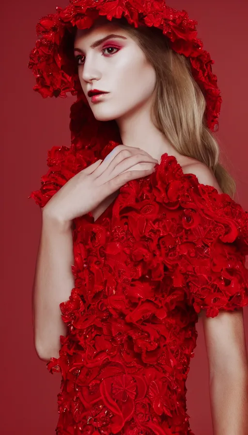 Image similar to fashion model wearing red dress, zara, insane, intricate, highly detailled, sharp focus 8k