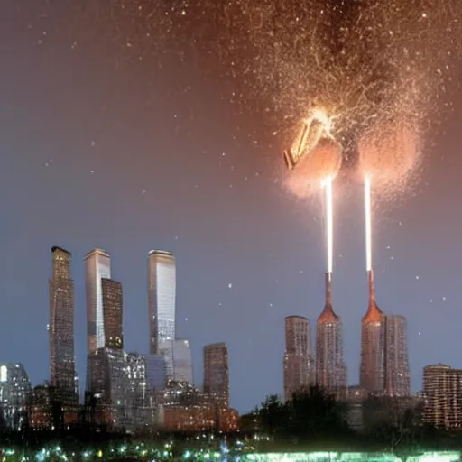 Image similar to meteor crashing into Twin Towers