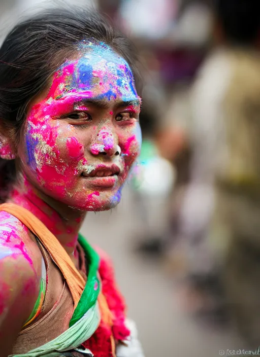 Image similar to Mid-shot portrait of a beautiful 25-year-old woman from Nepal, with smudges of paint on her face, attending Nepal Festival, candid street portrait in the style of Martin Schoeller detailed, award winning, Sony a7R