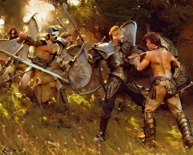 Image similar to attractive arthur pendragon and attractive lancelot, do some mock battle for training. highly detailed painting by gaston bussiere, craig mullins, j. c. leyendecker 8 k