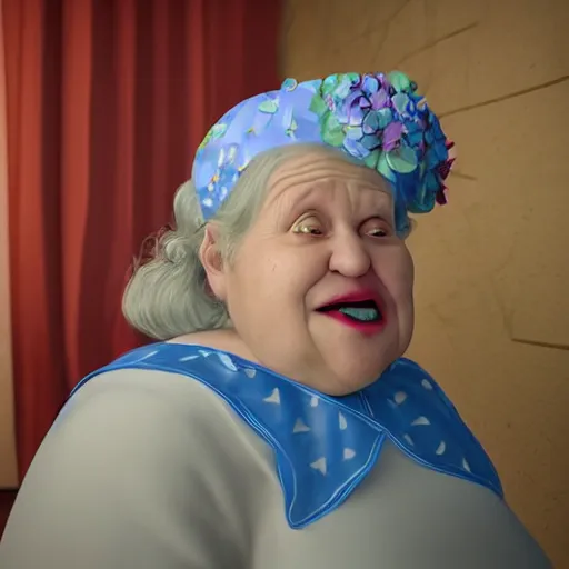 Image similar to of a very funny 3 d cinematic scene. a sweet fat old woman is in love with her self. flowery dress. symmetrical face, red mouth, blue eyes. a flowery dress. deep focus, lovely scene. ambient occlusion render. unreal engine. pencil and ink. goya painting style.