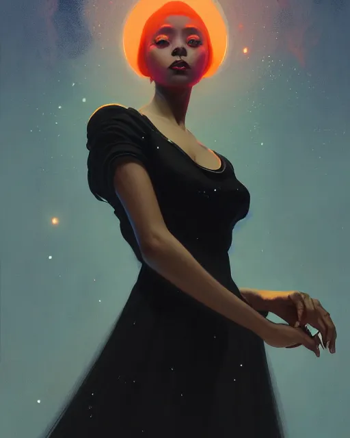 Image similar to high angle picture of a black dress witch researching about the azathoth, model pose, very brightening eyes, huge magic circles on the hand, magic and fantasy, extremely beautiful and aesthetic and detailed cute face, specular reflection, occlusion shadow, intricate, masterpiece, by ilya kuvshinov and jeremy lipking and quentin mabille