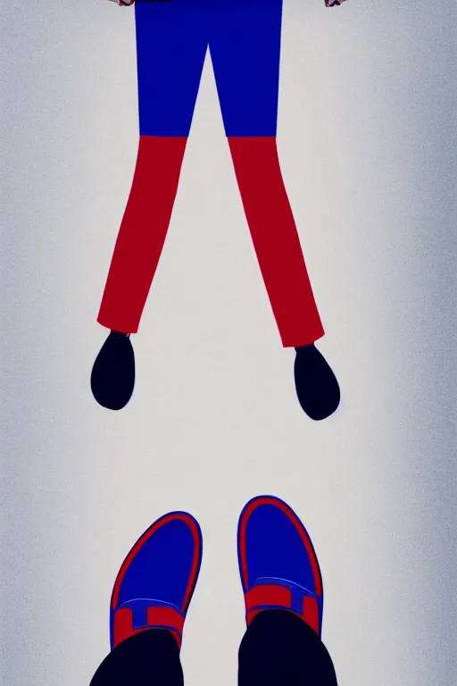 Image similar to minimal movie poster, mismatched red and blue shoes, dramatic