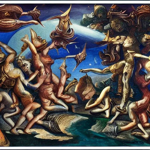 Image similar to celestial war, aliens, invasion, greek art style