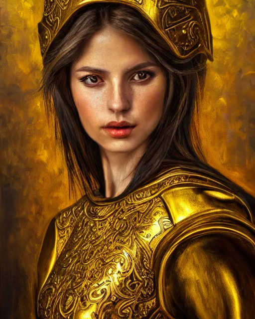 Image similar to oil painting portrait of woman in shining golden armor, high production value, intricate details, high resolution, hdr, high definition, masterpiece, realistic, ultrarealistic, highly detailed, hd, sharp focus, non blurry, sharp, smooth