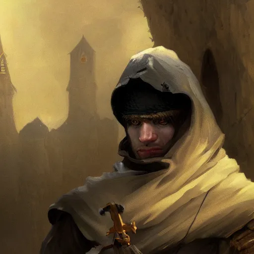 Prompt: portrait of small pale cowardly man wearing dark hood, fantasy artwork, close up, high fantasy, by karl spitzweg, sharp focus, artstation, funny situation, rpg, dnd