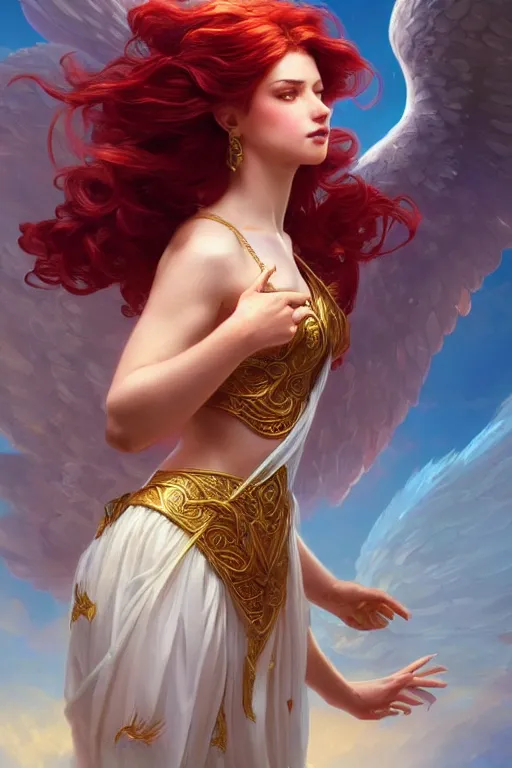 Image similar to beautiful angel princess flying in the sky, full body shot, red hair, d & d, fantasy, intricate, elegant, golden inlays, highly detailed, digital painting, artstation, concept art, matte, sharp focus, illustration, hearthstone, art by artgerm and greg rutkowski and alphonse mucha