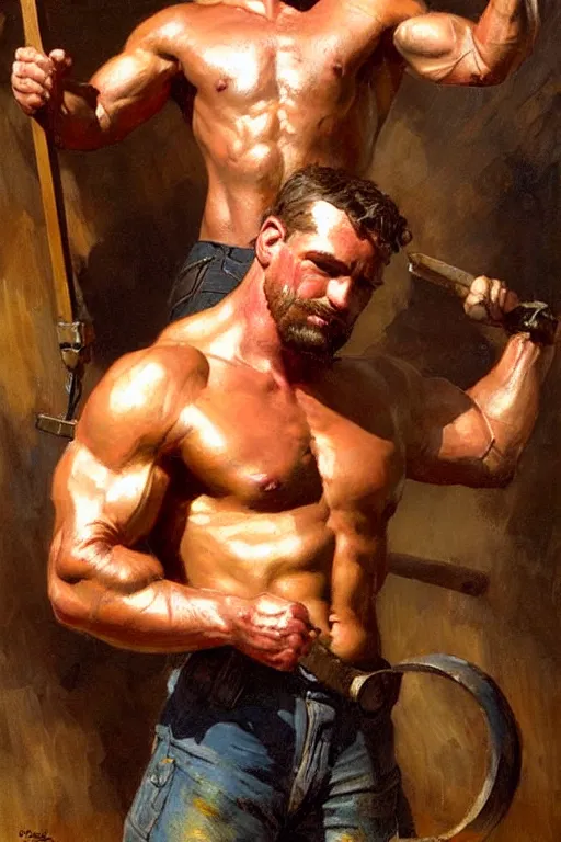 Prompt: muscular sweaty male blacksmith, forgehouse painting by gaston bussiere, craig mullins, j. c. leyendecker, tom of finland