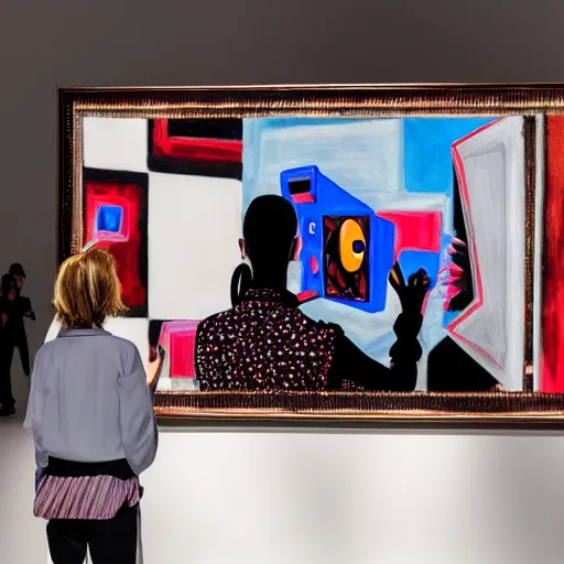 Image similar to art curator looking at a screen with a painting of virtualboy, recursive, on stage in the middle of a fashion show in the style of grand chamaco and stanley kubrick, inspired by y - 3, photorealistic, epic, super technical, cinematic still