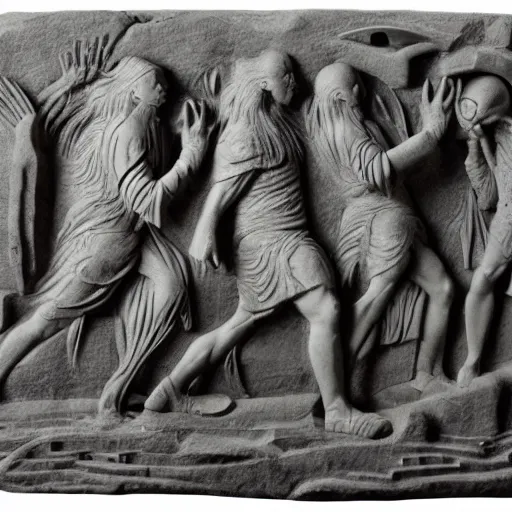 Prompt: stone relief of an apocalyptic prohecy picturing the arrival of aliens