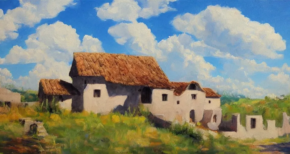 Image similar to an expensive adobe house, blue sky with clouds, beautiful painting, oil on canvas, by ewa czarniecka, award winning masterpiece,