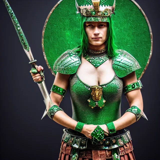 Prompt: photo of a beautiful warrior queen wearing emerald encrusted armour, highly detailed, 8 k, hdr, smooth, sharp focus, high resolution, award - winning photo