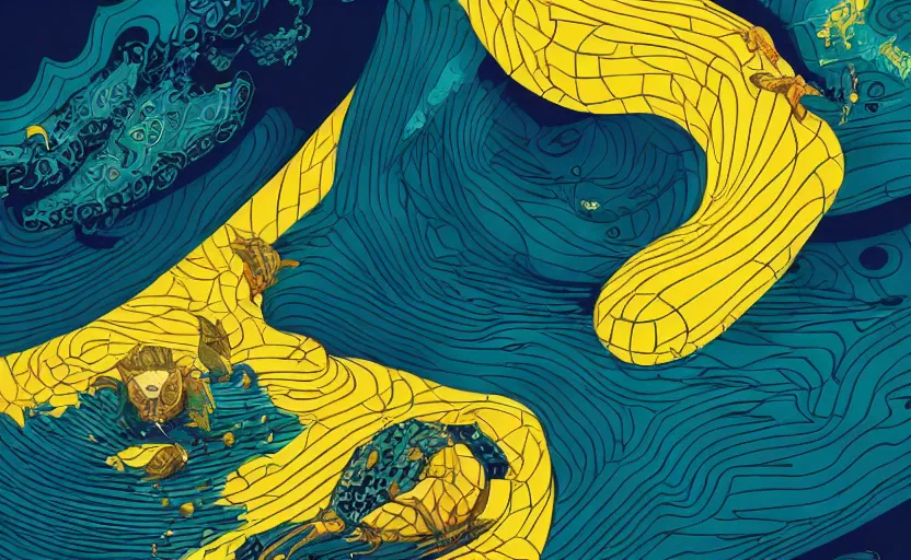 Image similar to dark ocean, complex patterns, yellow, artstation, intricate, realistic, highly detailed, digital painting, concept art, sharp focus, illustration by tom whalen and charles williams and kilian eng and james jean