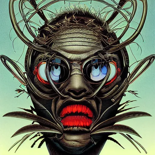 Image similar to portrait of crazy black fly man, symmetrical, by yoichi hatakenaka, masamune shirow, josan gonzales and dan mumford, ayami kojima, takato yamamoto, barclay shaw, karol bak