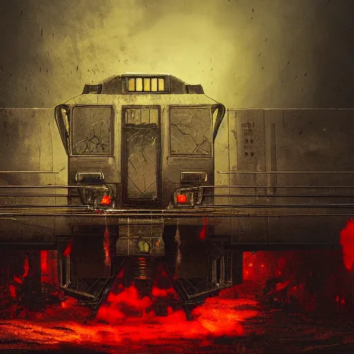 Image similar to A train in hell, digital art, dark, scary, detailed, trending on Artstation, hdr, 4k, hellish, satanic, cyberpunk, sci fi