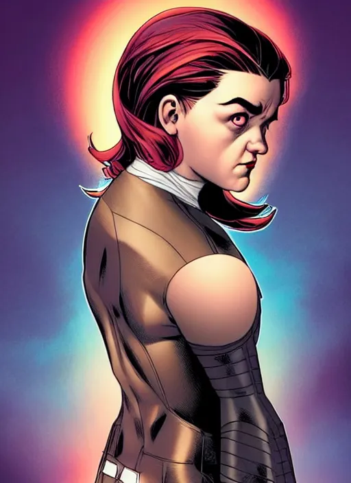 Prompt: Rafeal Albuquerque comic art, Joshua Middleton comic art, cinematics lighting, sunset colors, pretty female Maisie Williams Domino Marvel comics and X-Men black paint spot left eye, big smirk, symmetrical face, symmetrical eyes, lblsck hair, with white streak in hair, full body, flying in the air, sunset