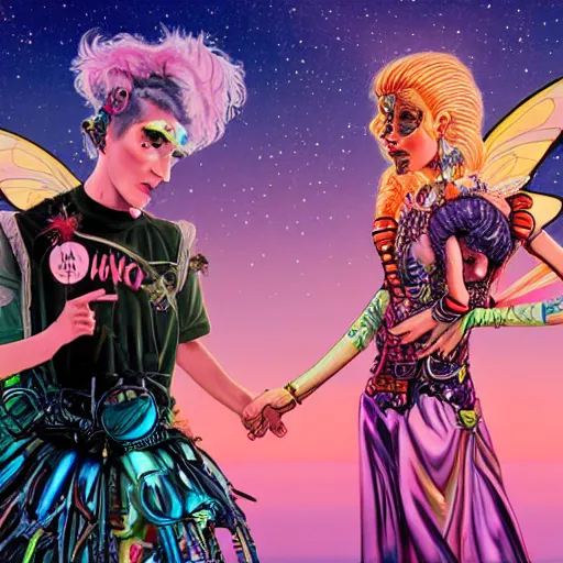 Image similar to surreal photorealistic cartoon art of grimes as a cosmic steampunk fairy holding a miniature elon musk prisoner. synthwave