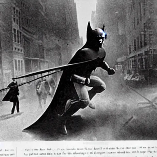 Image similar to a close - up old black and white photo, 1 9 1 3, depicting batman fighting a bad guy in an ally of new york city, rule of thirds, historical record