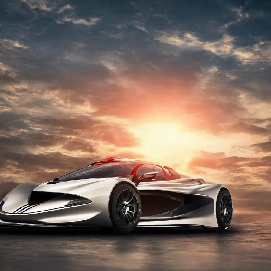 Image similar to exotic futuristic sportscar race designed by lotus pininfarina and vw design, circa 9, 0 0 0, sunset background, hdr, photorealistic, volumetric lighting, 8 k, bokeh