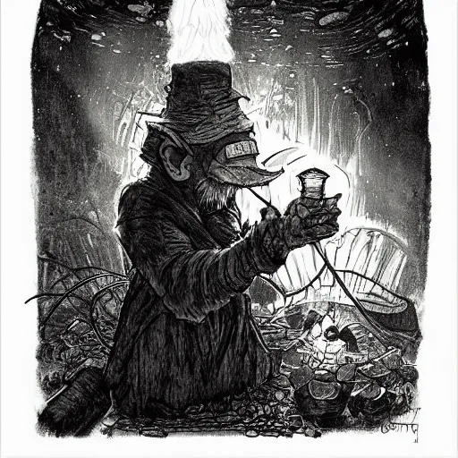 Image similar to an angry, grimy, dirty, grumpy [ old ], miner elf ( with red hat and a glowing latern ) in a pitch black mine, looks into the camera. angry kubrick stare, low key lighting, high contrast, faux painting, fairy tale illustration, character concept art by ivan bilibin, gustave dore and marc simonetti