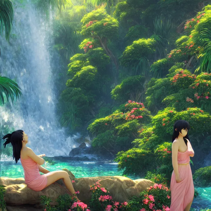 Prompt: an epic makoto shinkai and renoir landscape with a hawaiian waterfall, 🌺, a beautiful woman, ultra smooth, octane render