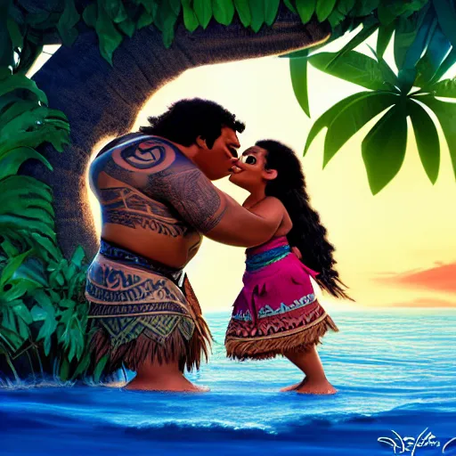 Image similar to Moana kissing Maui, concept art, digital art, Disney style-H 800