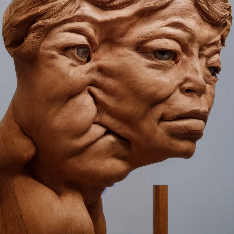 Prompt: realistic sculpture portrait of a powerful stern woman's face carved out of a curly maple wood on a pedestal by stephan balkenhol and duane hanson and donald judd, hyperrealistic dramatic colored lighting trending on artstation 8 k