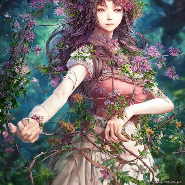 Image similar to the portrait of chaotic good female druid botanist as absurdly beautiful, gorgeous, elegant, young anime girl, an ultrafine hyperdetailed illustration by kim jung gi, irakli nadar, intricate linework, sharp focus, bright colors, octopath traveler, final fantasy, unreal engine 5 highly rendered, global illumination, radiant light, detailed and intricate environment