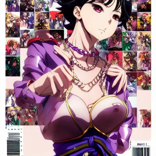 Image similar to Magazine Cover Anime key visual of a Gucci girl; official media; typography; drawn by Hirohiko Araki; Jojo's Bizarre Adventure; Jojolion, portrait, made by Stanley Artgerm Lau, WLOP, Rossdraws, James Jean, Andrei Riabovitchev, Marc Simonetti, Yoshitaka Amano, ArtStation