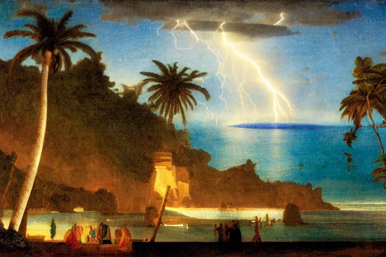 Image similar to mediterranean balustrade, refracted lightnings on the ocean, thunderstorm, greek pool, beach and Tropical vegetation on the background major arcana sky and occult symbols, by paul delaroche, hyperrealistic 4k uhd, award-winning, very detailed paradise