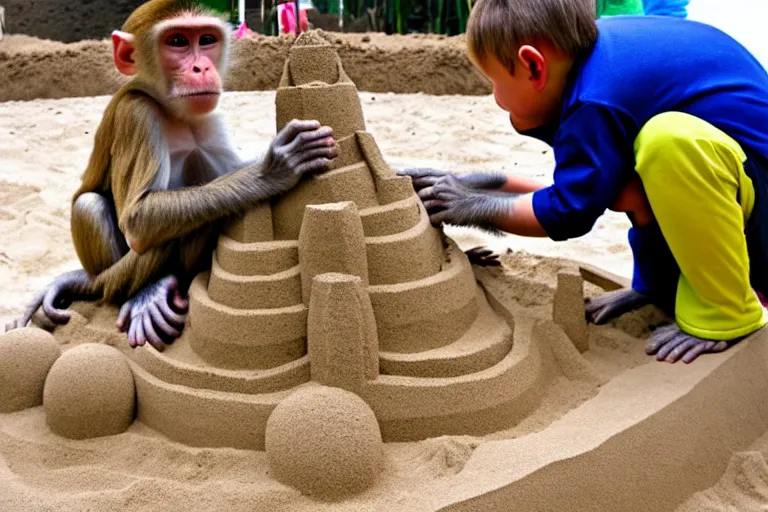 Image similar to a monkey touching a completed sand castle