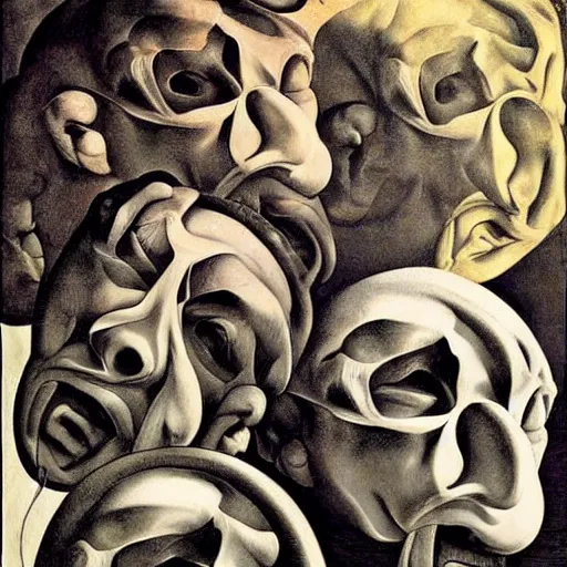 Prompt: the eyeless see all, by Caravaggio, by Michelangelo, by M.C. Escher, very detailed and colorful, beautiful, eerie, surreal, psychedelic