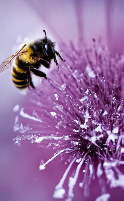 Prompt: a bee finding a beautiful flower, both entrapped in ice, only snow in the background, beautiful macro photography, ambient light