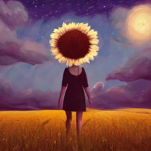 Image similar to giant daisy flower as a head, girl walking in wheat field, hills, surreal photography, moon light, dark night, star trails, dramatic light, impressionist painting, clouds, digital painting, artstation, simon stalenhag