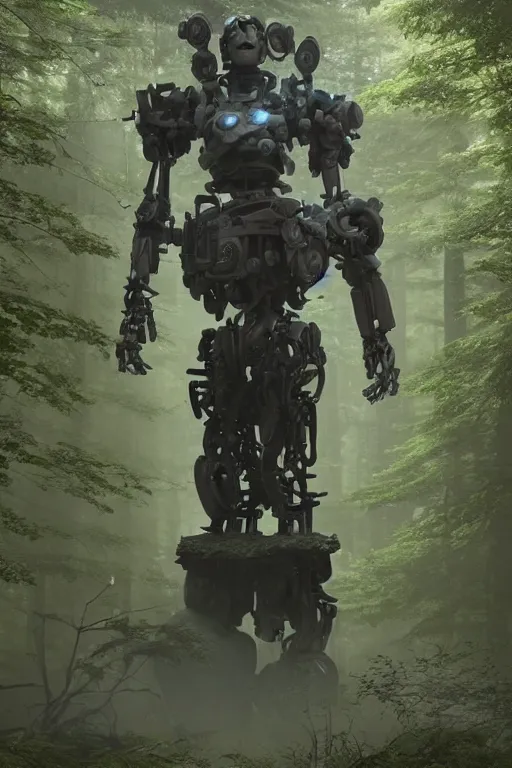 Image similar to A robot statue in the middle of a forest taken back by nature by Greg Rutkowski, Sung Choi, Mitchell Mohrhauser, Maciej Kuciara, Johnson Ting, Maxim Verehin, Peter Konig, final fantasy , 8k photorealistic, cinematic lighting, HD, high details, atmospheric,
