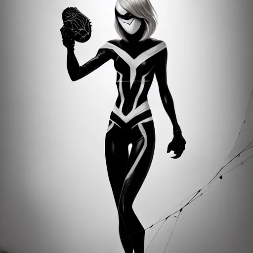 Image similar to gorgeous female Emma Stone as Spider-Gwen as venom, realistic character concept, medium shot, evil pose, comic book, illustration, slender symmetrical body, artstation, cinematic lighting, hyperdetailed, Tom Bagshaw, Joshua Middleton, Gottfried Helnwein, Rafeal Albuquerque comic, single face, insanely detailed and intricate, dark and smokey background