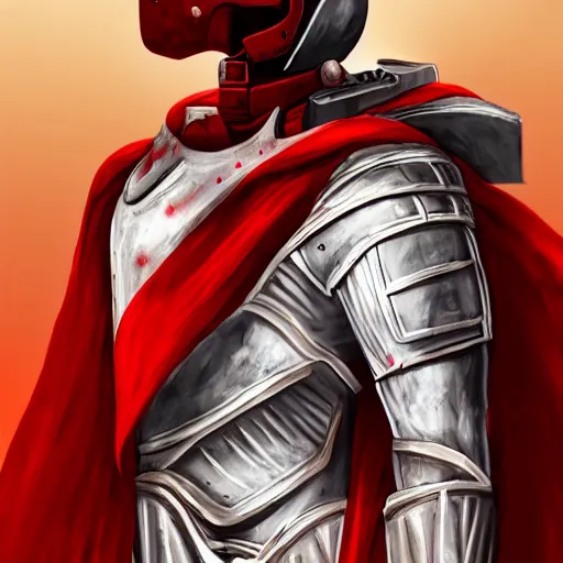 Image similar to a tall muscular soldier, wearing blood - spattered glossy sleek white dinged scuffed armor and a long torn red cape, heroic posture, determined expression, gritty, no helmet, on the surface of mars, dramatic lighting, cinematic, sci - fi, hyperrealistic, detailed