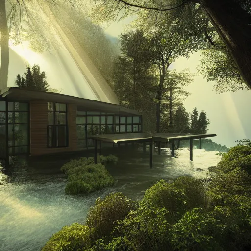 Prompt: a modern house in the woods with a river passing by, god rays, dramatic, cinematic, art by Luxigon and Brick Visual, 4k, trending on Artstation