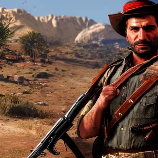 Prompt: concept art of a Kurdish peshmerga soldier in Red Dead Redemption 2, in Kurdistan, incredibly detailed, extremely high resolution, stunning