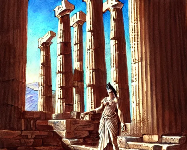 Image similar to Athena in the Athena Temple in Greece, highly detailed, intricate architecture, sharp focus, travel art by Artgerm and Greg Rutkowski and WLOP