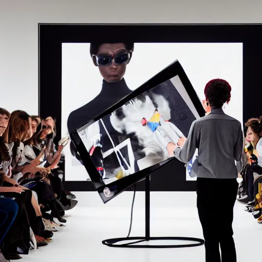 Image similar to art curator looking at a screen with a chat interface, recursive, on stage in the middle of a fashion show in the style of grand chamaco and stanley kubrick, inspired by y - 3, photorealistic, epic, super technical, cinematic still