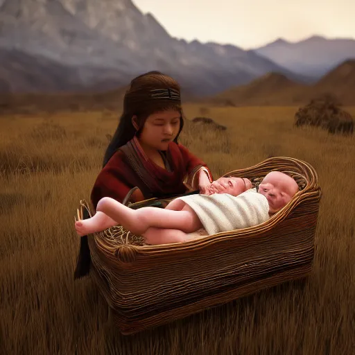 Image similar to Owens Valley Paiute girl and baby in traditional cradle board, unreal 5, hyper realistic, realistic, photo realistic, dynamic lighting, highly detailed, cinematic landscape, studio landscape, studio lighting