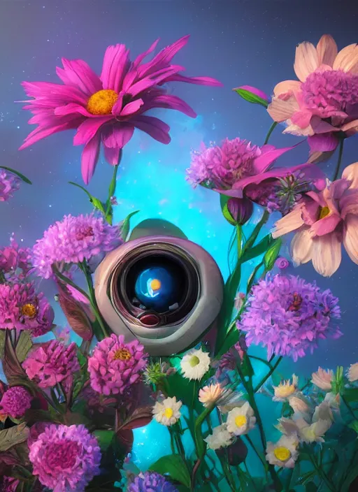 Image similar to An epic fantastic realism comic book style painting of the most beautiful flowers launched across the galaxy, bouquets, fisheye lens, unreal 5, DAZ, hyperrealistic, octane render, dynamic lighting