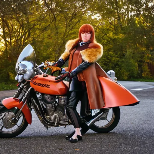 Prompt: a high - fashion photo of a slender beautiful woman with straight ginger hair and bangs, wearing purple leathers and gold helmet, posing with large ginger tabby and raccoon on a motorcycle in front yard, holding toasted brioche bun, dramatic lighting, 8 5 mm lens