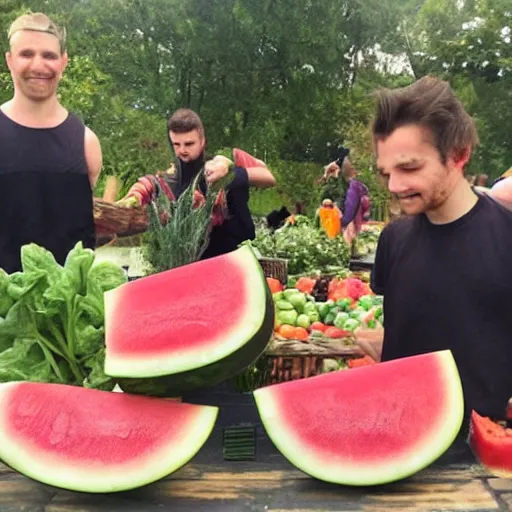 Image similar to the vegetables have their hands full of flowers with mikey serving water and giving away slices of watermelon