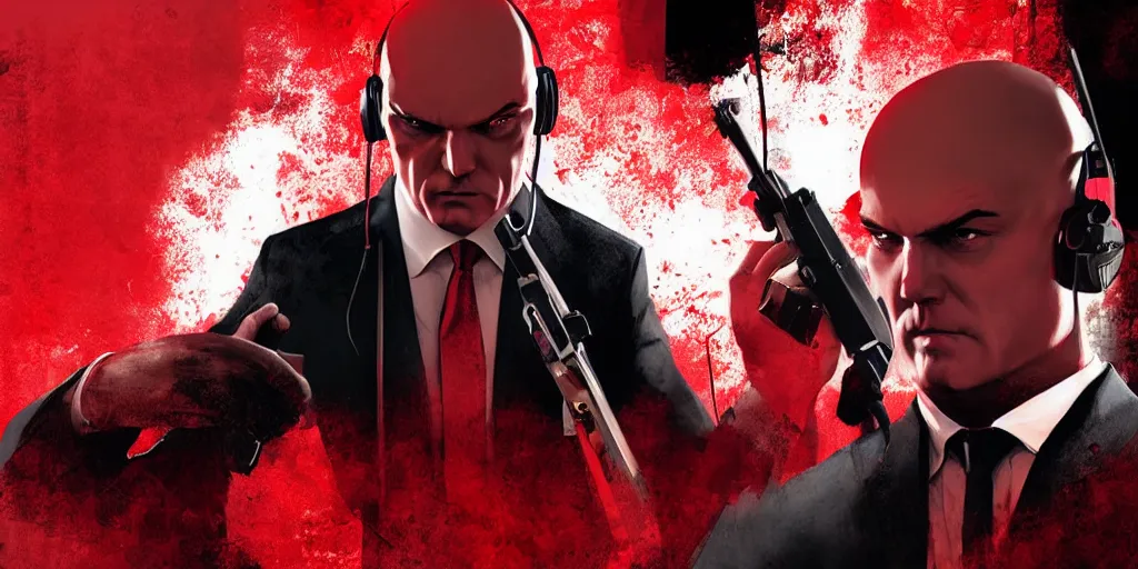 Image similar to agent 4 7 from hitman wearing headphones, dark background, red rim light, highly detailed, smooth, sharp focus, art by ali kiani amin