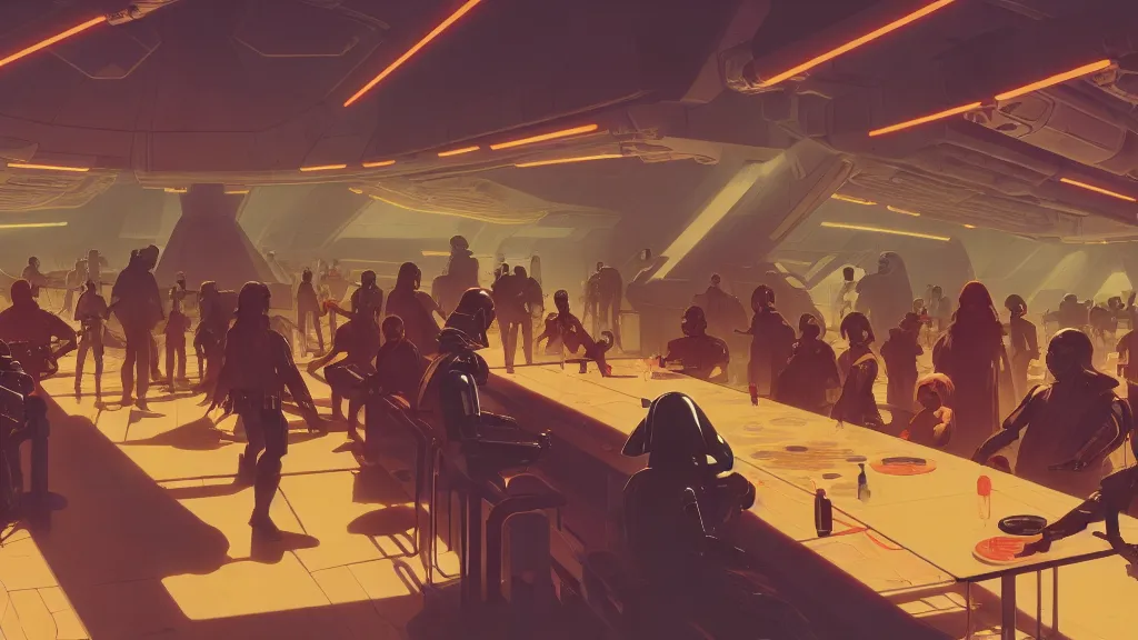 Prompt: interior of a star wars cantina, dynamic shadows, dynamic lighting, dynamic colors, ilya kuvshinov, kyoani, hiroaki samura, yoshinari yoh, james jean, katsuhiro otomo, erik jones, cel shaded, anime poster