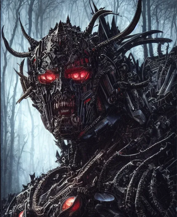 Image similar to 5 5 mm close up portrait photo of an armored biomechanical demonic superman looking at the camera, in a magical forest. dark atmosphere. art by greg rutkowski and luis royo. highly detailed 8 k. intricate. lifelike. soft light. nikon d 8 5 0.